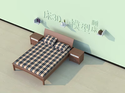 Double Bed With Plaid Mattress Wooden Headboard And Nightstands Light Green Wall Wall Mounted Shelves 3d model