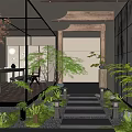 Serene Japanese Indoor Landscape With Wooden Beams Stone Pathway Bamboo Screens And Green Plants