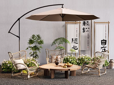 Outdoor Wicker Chairs And Round Wooden Table Set With Umbrella Green Plants And Chinese Scrolls 3d model