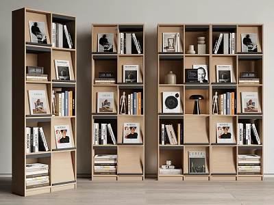 Modern Wooden Bookshelf With Multiple Shelves Holding Books Photo Frames And Decorative Items 3d model