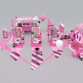 Stylish Pink Themed Exhibition Setup with Decorative Tents Booths and Balloon Elements 3d model