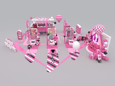 Stylish Pink Themed Exhibition Setup with Decorative Tents Booths and Balloon Elements 3d model