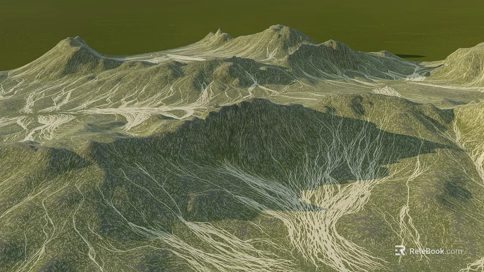 Natural Garden Landscape With Rolling Mountain Ranges And Stream Like Patterns 3d model