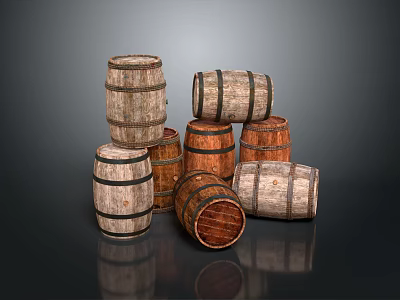 Vintage Rustic Wooden Barrels Stacked And Arranged On Dark Background 3d model