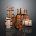 Vintage Rustic Wooden Barrels Stacked And Arranged On Dark Background