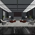 Modern Night Lounge Interior With Gray Sofas Red Ottomans Floor Lamps And City Skyline View