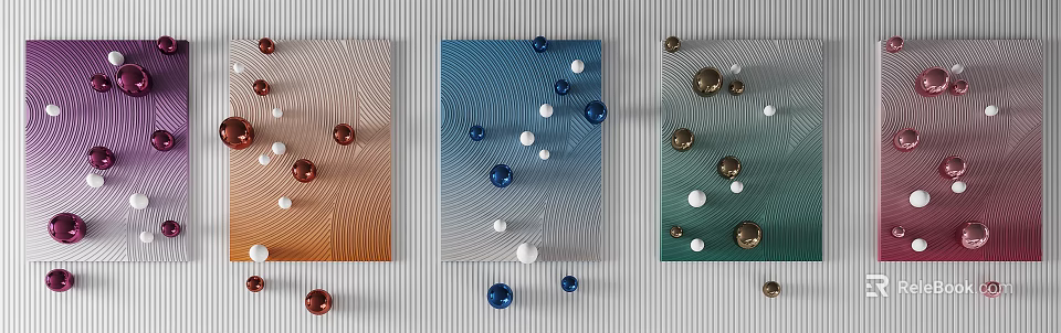 Wall Decor With Colorful Spheres And Wavy Line Texture On Orange Blue Green Backgrounds 3d model 