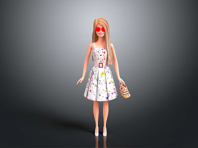 Colorful Spots Handbag Carried By Blonde Doll With Red Sunglasses And White Dress 3d model