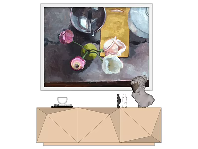 Still Life Oil Painting With Pink White Flowers Wine Glass And Gold Tray On Dark Background 3d model