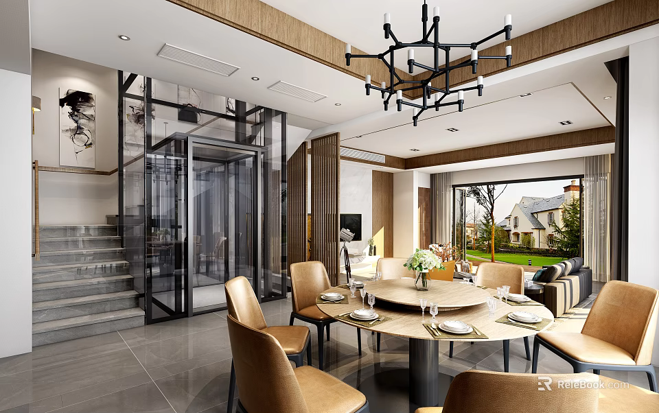 Modern Dining Room Interior With Round Table Leather Chairs Chandelier Large Windows And Outdoor View 3d model 