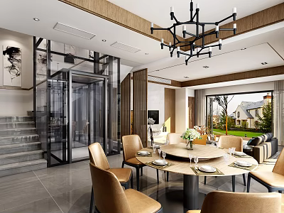 Modern Dining Room Interior With Round Table Leather Chairs Chandelier Large Windows And Outdoor View 3d model