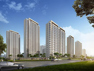 Aerial Planning View of Modern High Rise Residential Complex with Roads Greenery and Vehicles 3d model