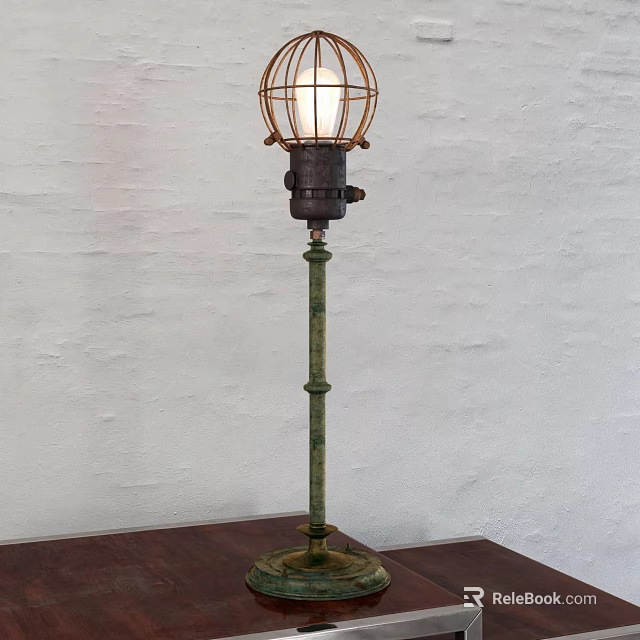 Vintage Industrial Floor Lamp With Metal Cage Shade And Brass Green Pole 3d model 