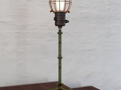 Vintage Industrial Floor Lamp With Metal Cage Shade And Brass Green Pole 3d model