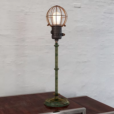 Vintage Industrial Floor Lamp With Metal Cage Shade And Brass Green Pole 3d model