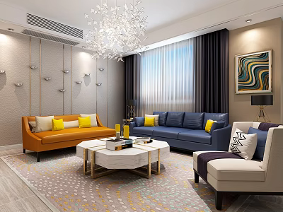 Elegant Modern Living Room Interior With Orange Blue Sofas And White Coffee Table Set 3d model