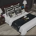 Traditional Carved Double Bed with White Bedspread Multiple Pillows and Nightstands with Table Lamps