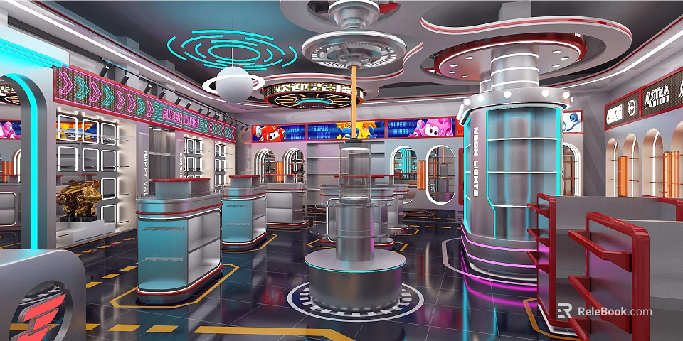 Futuristic Sci Fi Interior Design With Metallic Structures Colorful Lighting And Circular Elements 3d model 