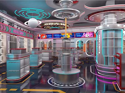 Futuristic Sci Fi Interior Design With Metallic Structures Colorful Lighting And Circular Elements 3d model