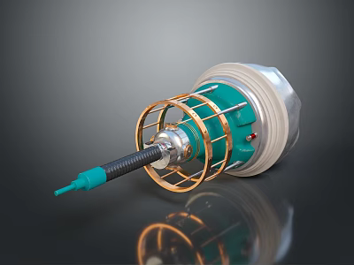 Mechanical Component With Green Body Golden Metal Ring White Top And Slender Black Rod 3d model