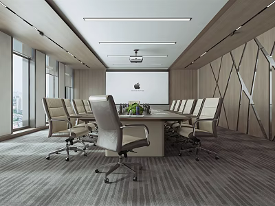 Modern Conference Room Interior Design With Round Table Wheeled Chairs Projector Screen And Geometric Walls 3d model