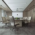 Modern Conference Room Interior Design With Round Table Wheeled Chairs Projector Screen And Geometric Walls