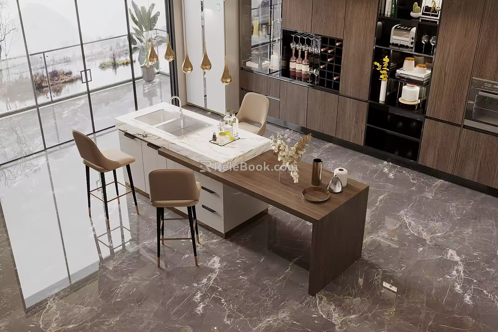 Middle Ancient Style Island Table Restaurant Island Table Side Cabinet Wine Cabinet Decorative Cabinet Chandelier 3d model
