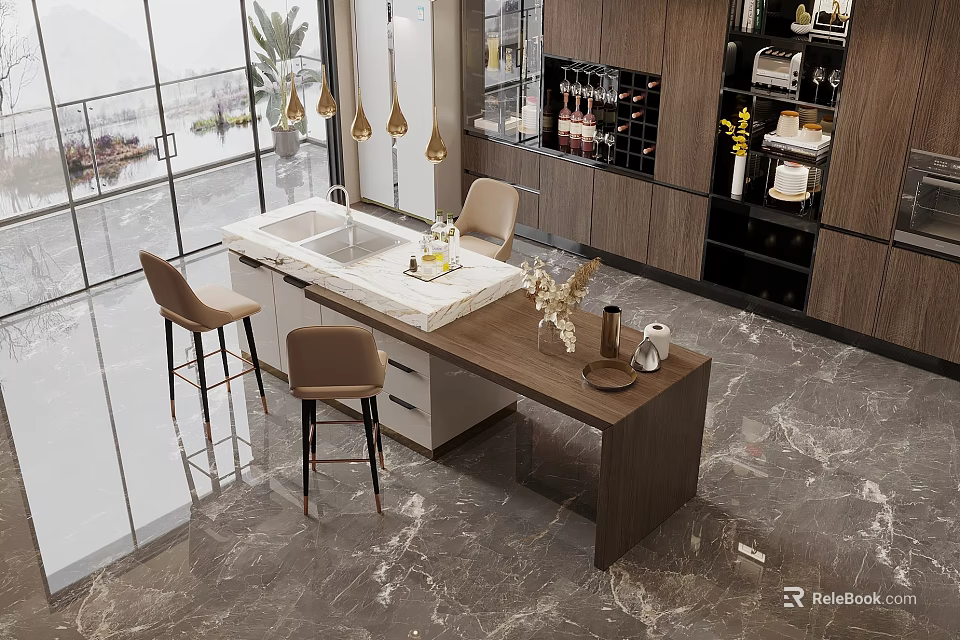 Modern Restaurant Interior With Open Bar Counter Seats Decorative Lighting And Marble Top 3d model 