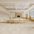 Spacious Kindergarten Classroom With Wooden Furniture And Circular Ceiling Lights