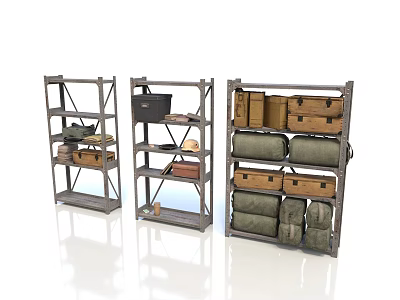 Organized Wooden Shelves With Various Household Items Baskets Boxes Bags And Shoes 3d model
