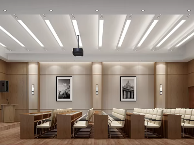 Modern Conference Room Interior With Wooden Walls Tables Chairs And Projector 3d model
