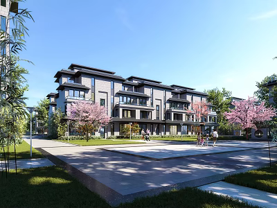 Modern Townhouse Exterior With Courtyard Pink Blossom Trees And People Walking 3d model