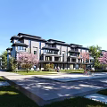 Modern Townhouse Exterior With Courtyard Pink Blossom Trees And People Walking