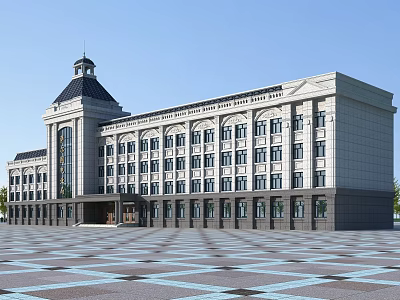 Classical Office Building With Domed Tower Gray Stone Facade Multiple Paned Windows And Geometric Square 3d model