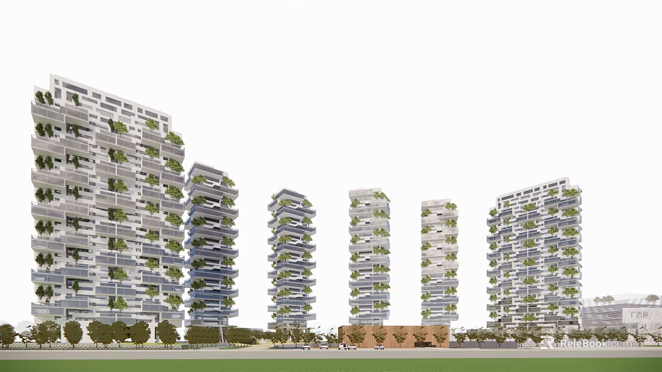 Row of Modern High Rise Buildings with Green Balconies and Landscaped Areas 3d model 