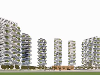 Row of Modern High Rise Buildings with Green Balconies and Landscaped Areas 3d model