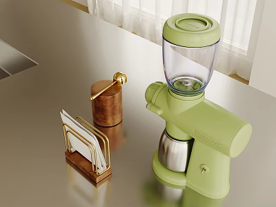 Modern Kitchen Counter With Green Coffee Maker Brass Container And Wooden Knife Holder 3d model