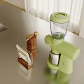 Modern Kitchen Counter With Green Coffee Maker Brass Container And Wooden Knife Holder