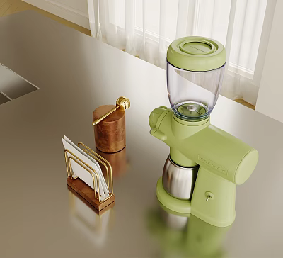 Modern Kitchen Counter With Green Coffee Maker Brass Container And Wooden Knife Holder 3d model