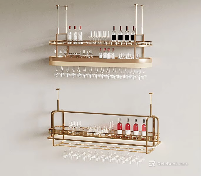 Stylish Golden Wine Rack Design With Hanging Wine Glasses And Bottles On Shelves 3d model 