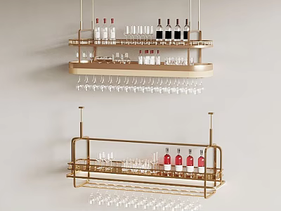 Stylish Golden Wine Rack Design With Hanging Wine Glasses And Bottles On Shelves 3d model