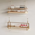 Stylish Golden Wine Rack Design With Hanging Wine Glasses And Bottles On Shelves
