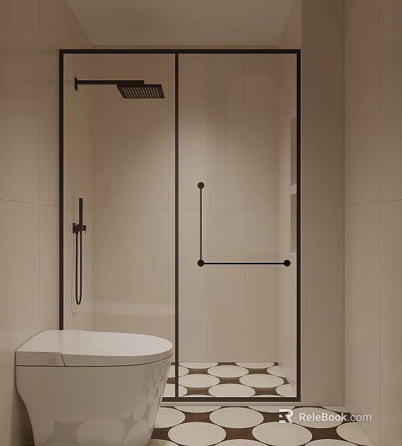 Modern Bathroom Interior With Glass Shower Enclosure Black Frame And White Toilet 3d model 
