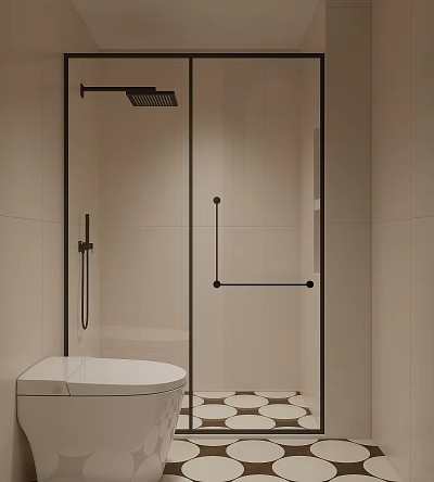 Modern Bathroom Interior With Glass Shower Enclosure Black Frame And White Toilet 3d model
