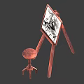 Wooden Easel Displaying Musical Instruments Artwork And Painting Supplies With Stool