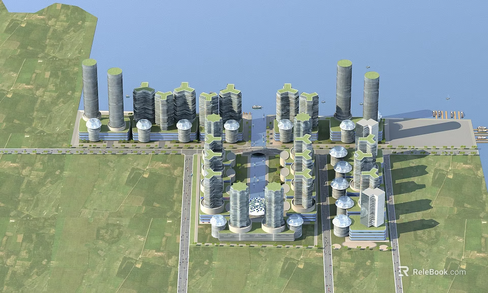 Modern Birds Eye View Urban Planning With High Rise Buildings Waterfront And Green Spaces 3d model 
