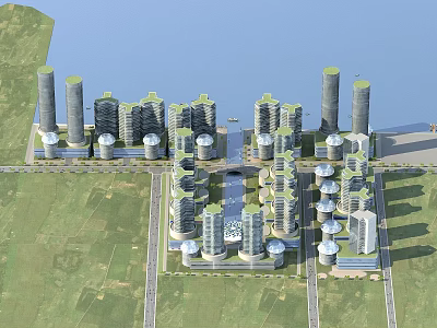 Modern Birds Eye View Urban Planning With High Rise Buildings Waterfront And Green Spaces 3d model