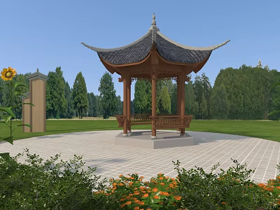 Chinese Pavilion With Black Tiled Roof Wooden Structure On Green Lawn Surrounded By Trees Sunflower 3d model