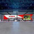 Yamaha Red And White Exhibition Booth With Truss Structure Motorcycles On Display And Reception Counter