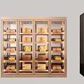 Golden And Black Display Cabinets With Glass Doors And Illuminated Storage Boxes